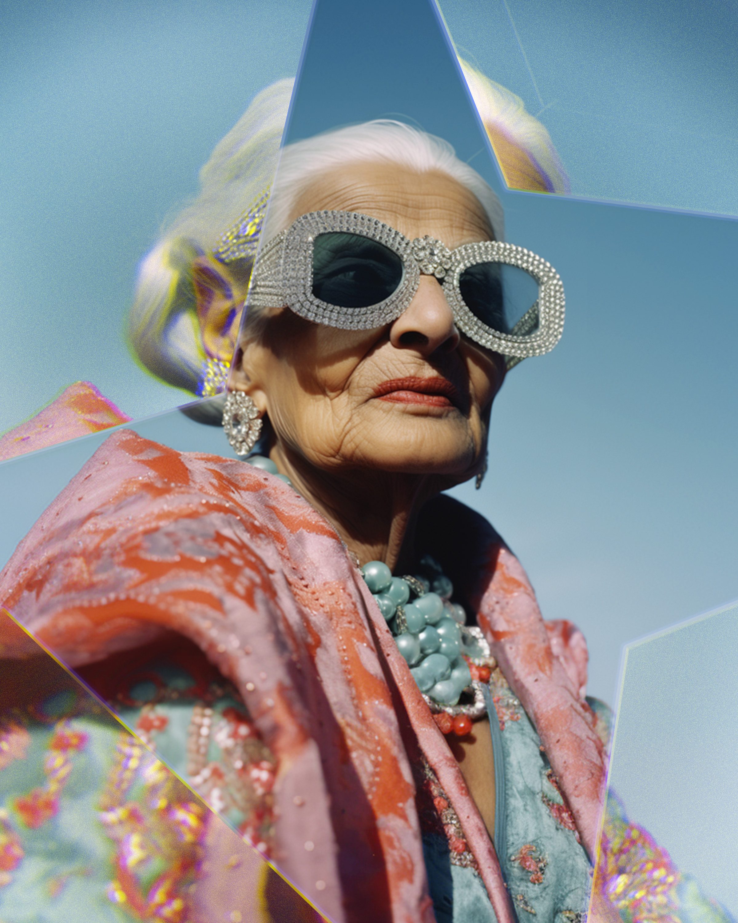 Grandmother at her 80s wearing round diamond earrings for a music festival