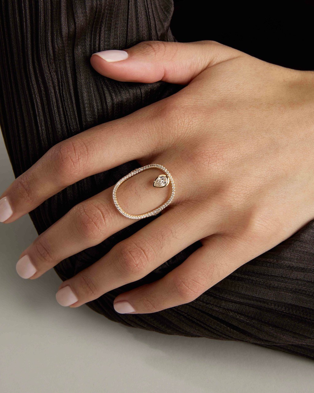 White Space Continuity Pavé Pear Diamond Ring, $5,370, whitespacejewelry.com
