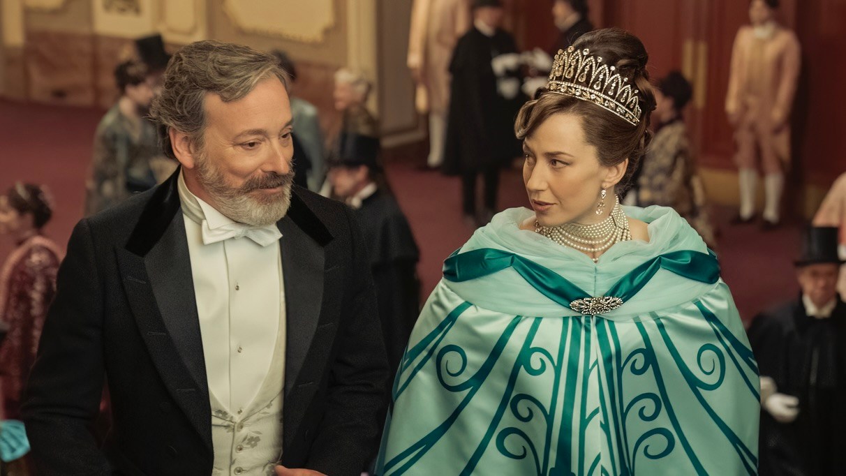 Jeremy Shamos as Mr. Gilbert and Carrie Coon as Bertha Russell in The Gilded Age Season 2