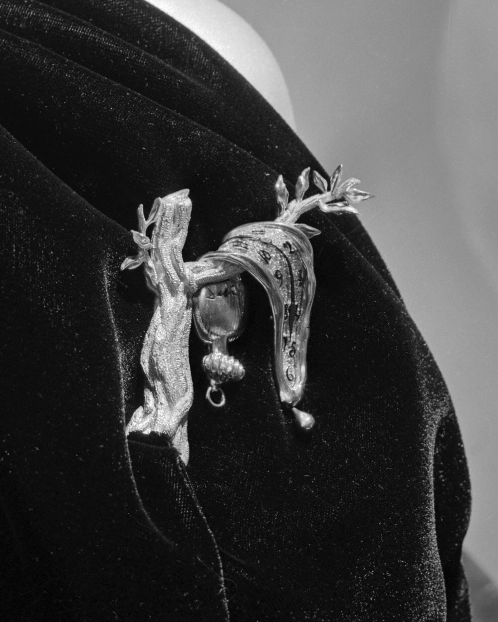 diamond and gold brooches of a pocket watch draped over a tree by Salvador Dali
