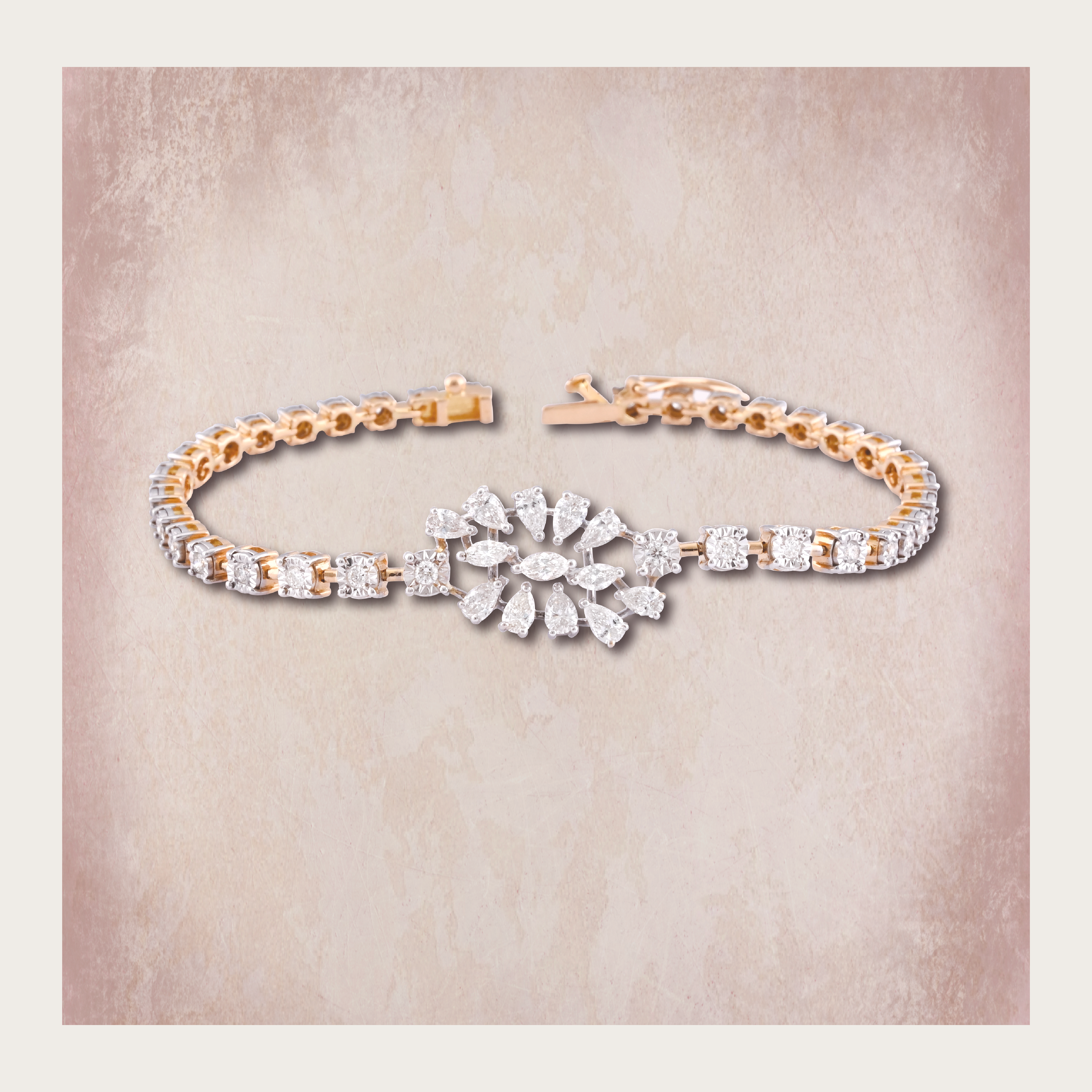 Sparkling rose gold and white diamond bracelet with a central floral cluster design