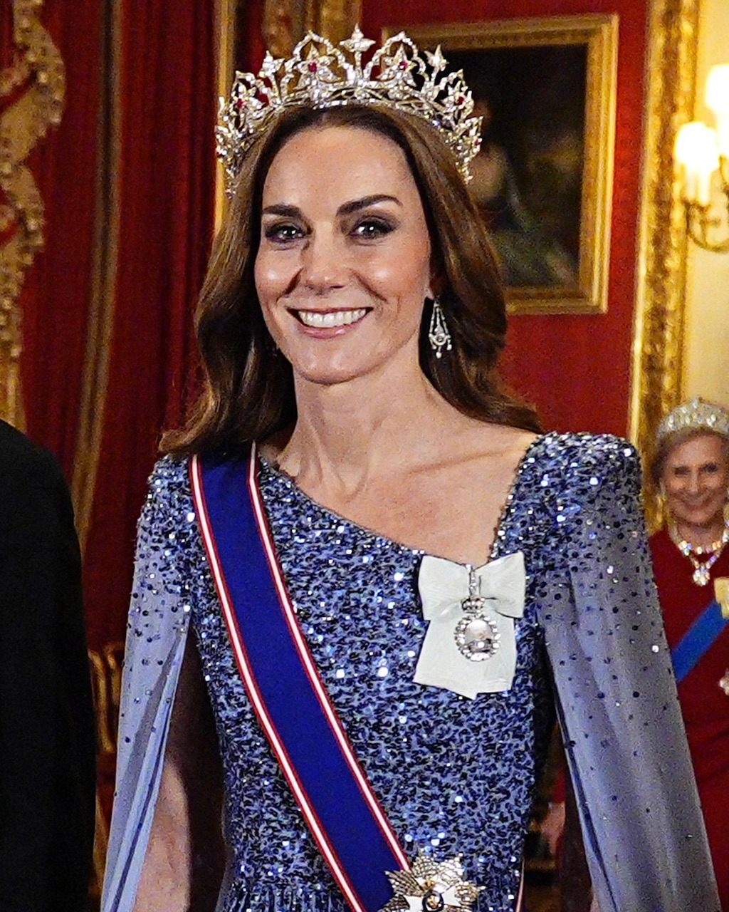 The Princess of Wales wears Queen Victoria’s Oriental Circlet Tiara at the state banquet for the German President Frank-Walter Steinmeier at Windsor Castle on December 3, 2025.