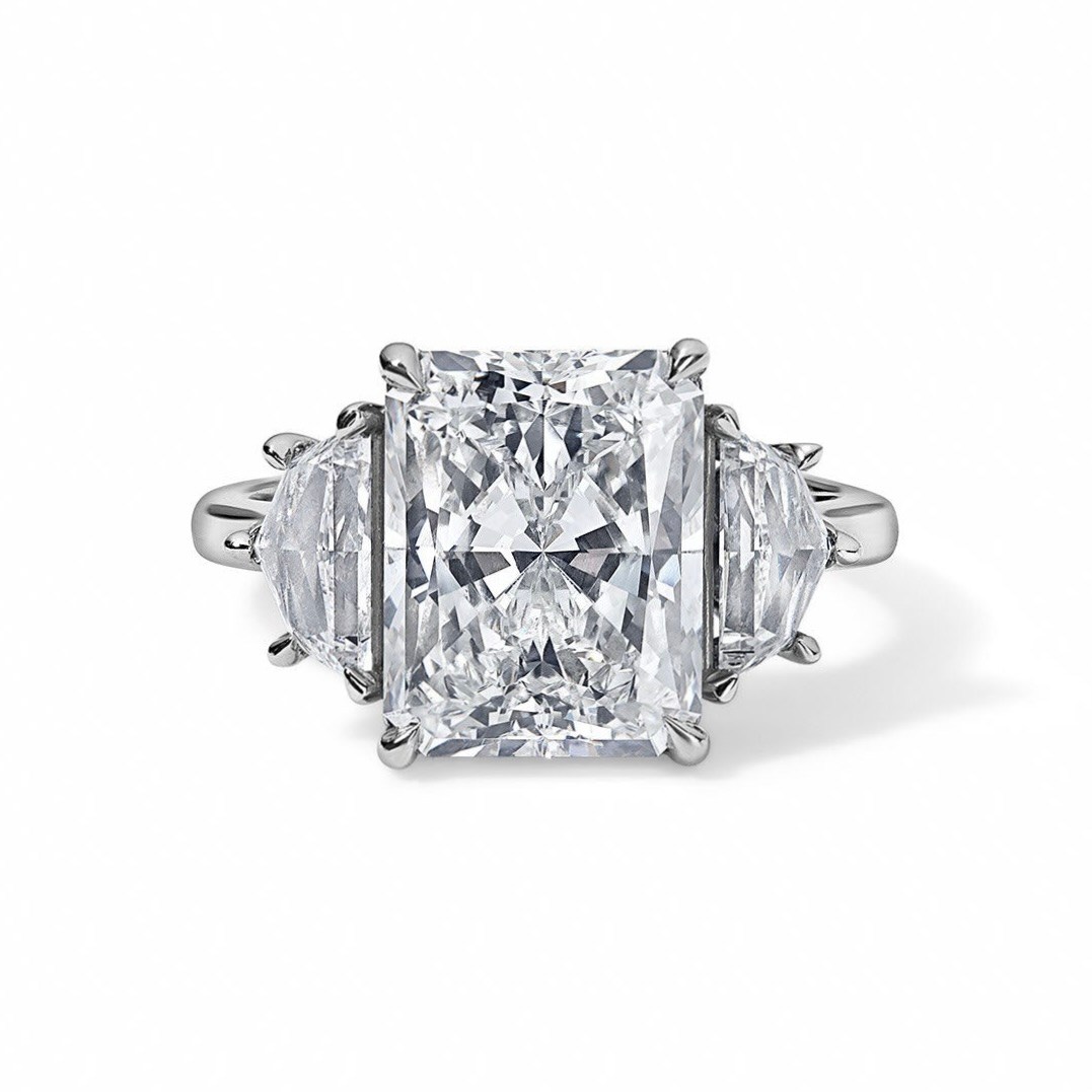 Stephanie Gottlieb 4.01CT Radiant Cut Diamond With Epaulette Side Stones Engagement Ring, $120,000, stephaniegottlieb.com