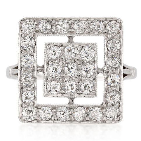 cocktail ring: platinum and diamond square ring with old mine diamonds