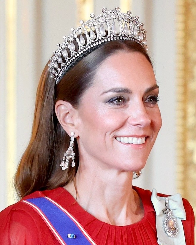 Catherine, Princess of Wales (Kate Middleton) wore the Greville Chandelier Earrings to the State Banquet at Windsor Castle on July 08, 2025 in Windsor, England. (Getty Images)