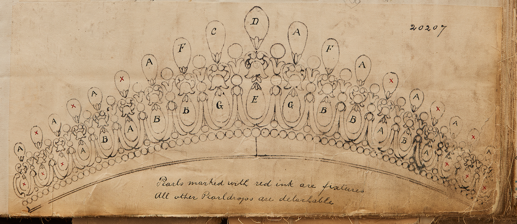 The original 1913 workshop sketch documenting the creation of the Cambridge Lovers Knot Tiara.