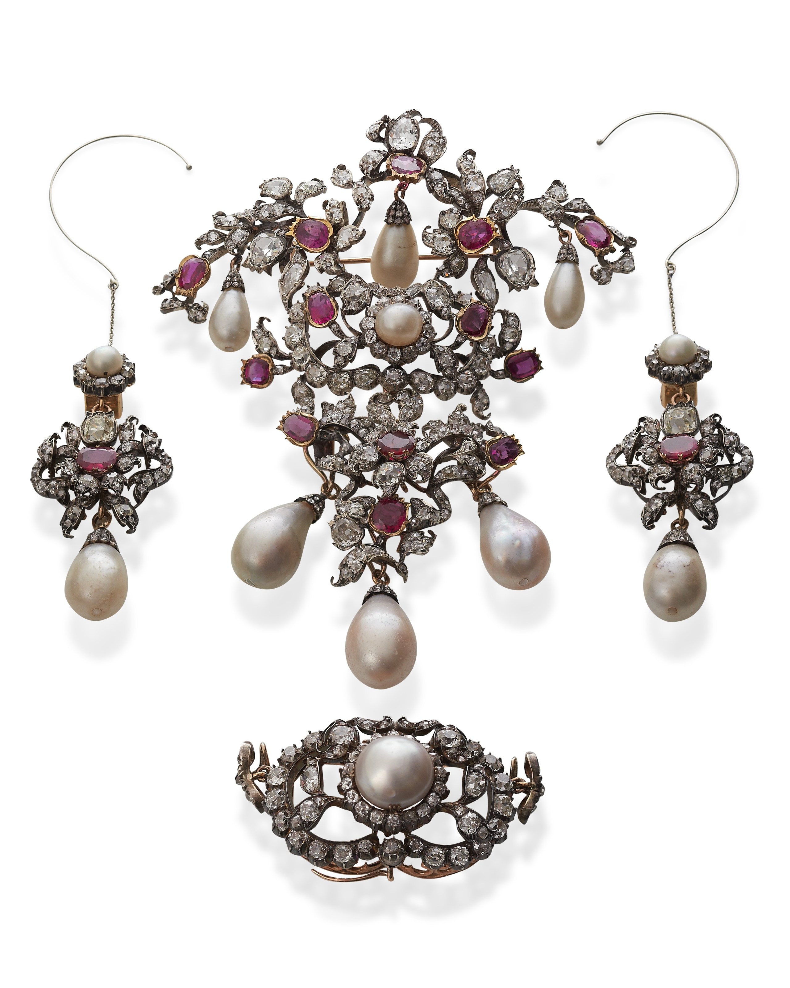 Royal Danish Crown Jewels Collection Pearl and Ruby Pins end Earrings.