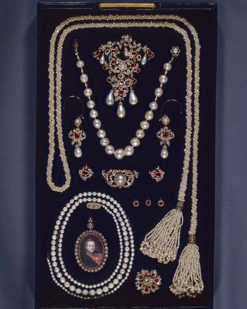 Royal Danish Crown Jewels Jewelry Collection Pearl and Ruby Parure.