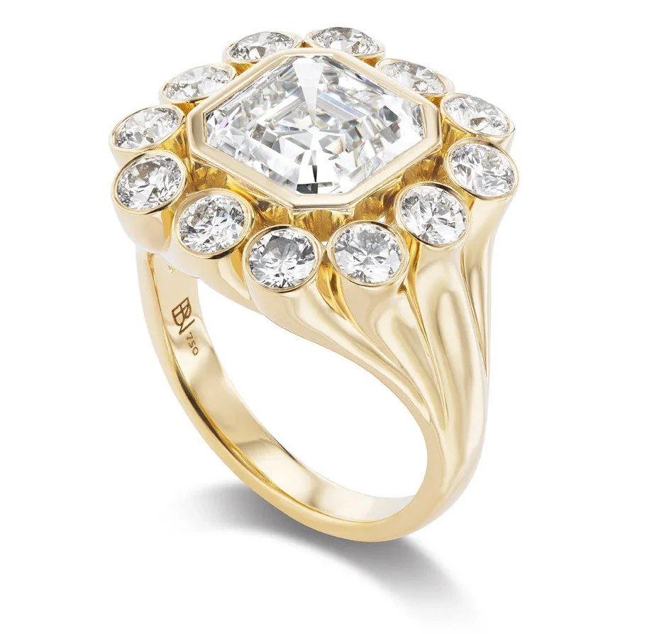 Brente Neale Wildflower Cocktail Ring with Asscher Diamond and Round Diamond Petals