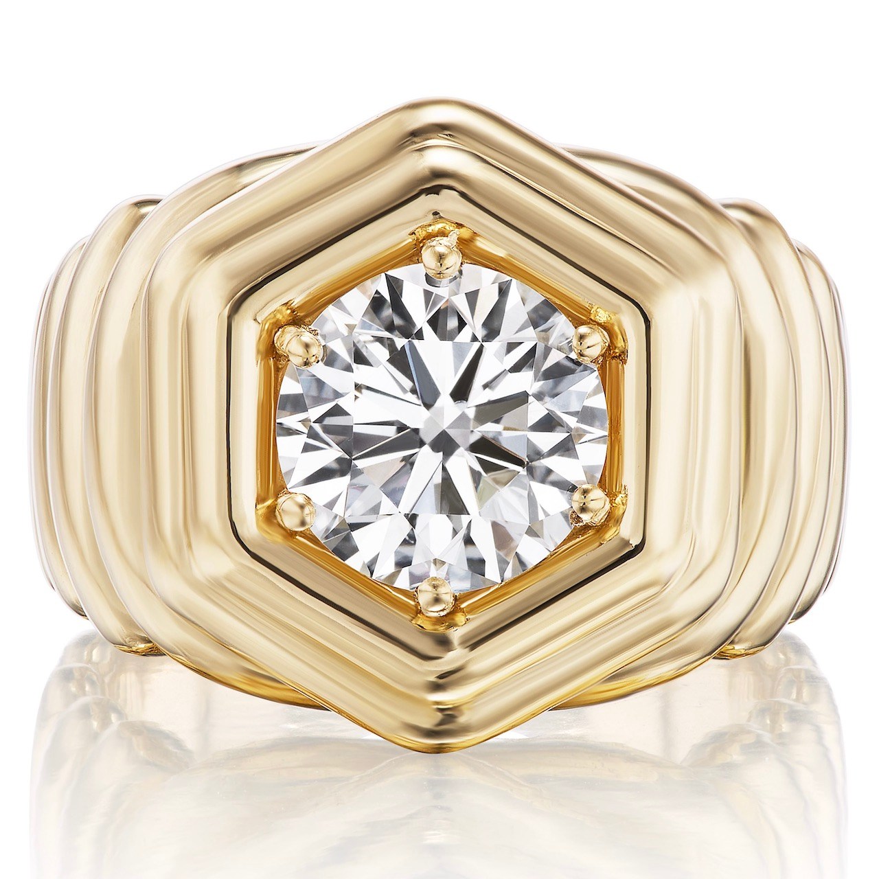 In the third reimagining of her diamond, Lauren Harwell Godfrey set the stone in her sculptural Hubba style with generous curves and her signature hexagonal shape.