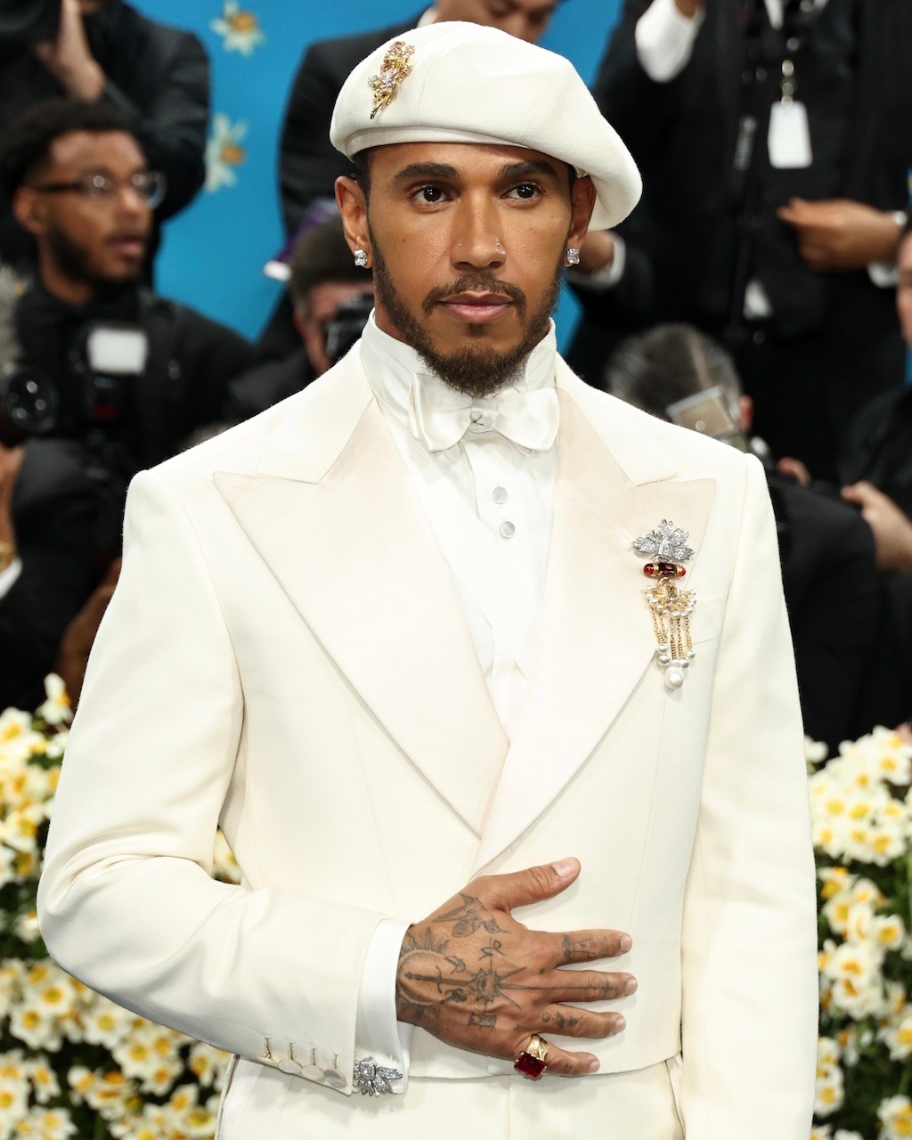 Lewis Hamilton wore diamond cufflinks at the 2025 Met Gala on May 05, 2025 in New York City. (Getty Images)