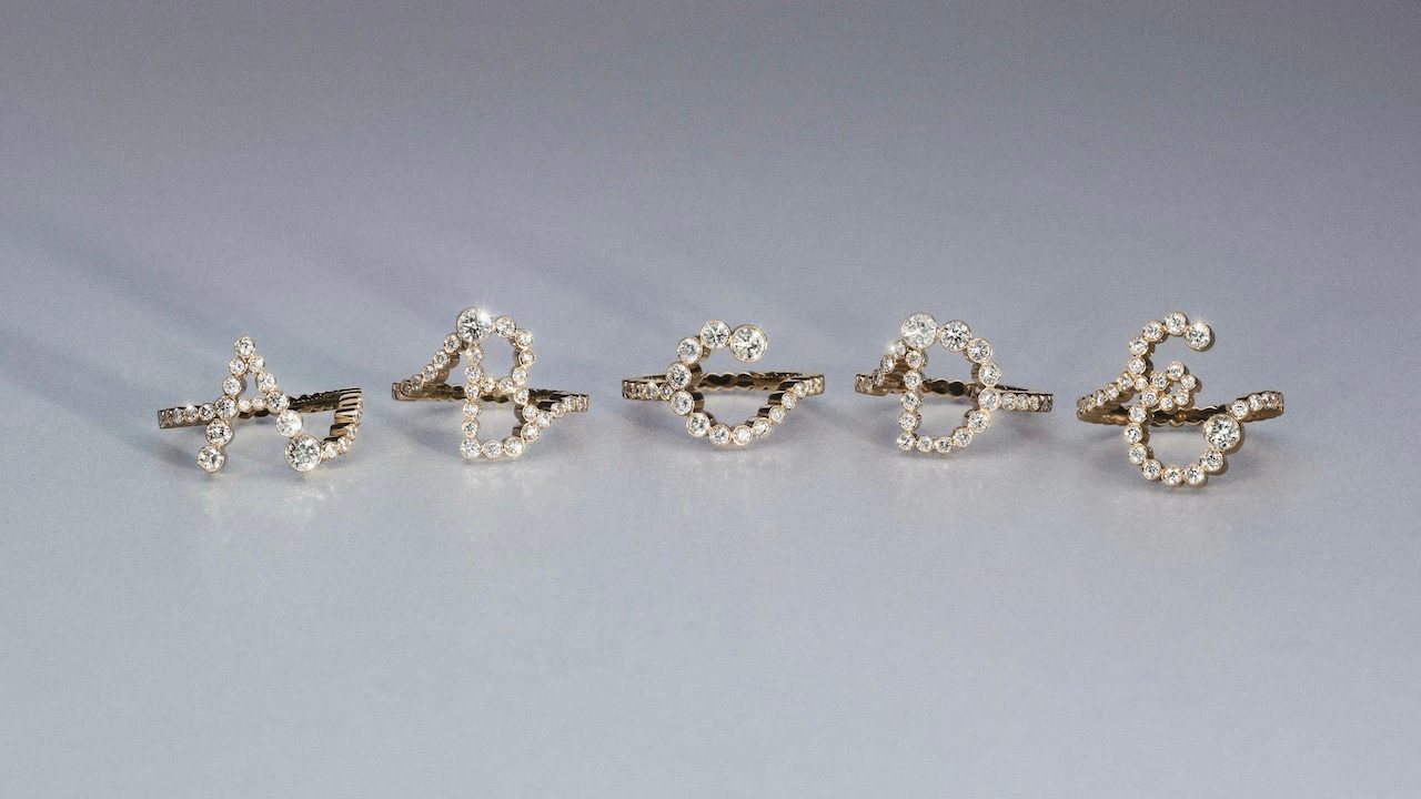Sophie Bille Brahe's Lettre de Lumière collection includings natural diamond initial ring, rendered in the designer's own handwriting.