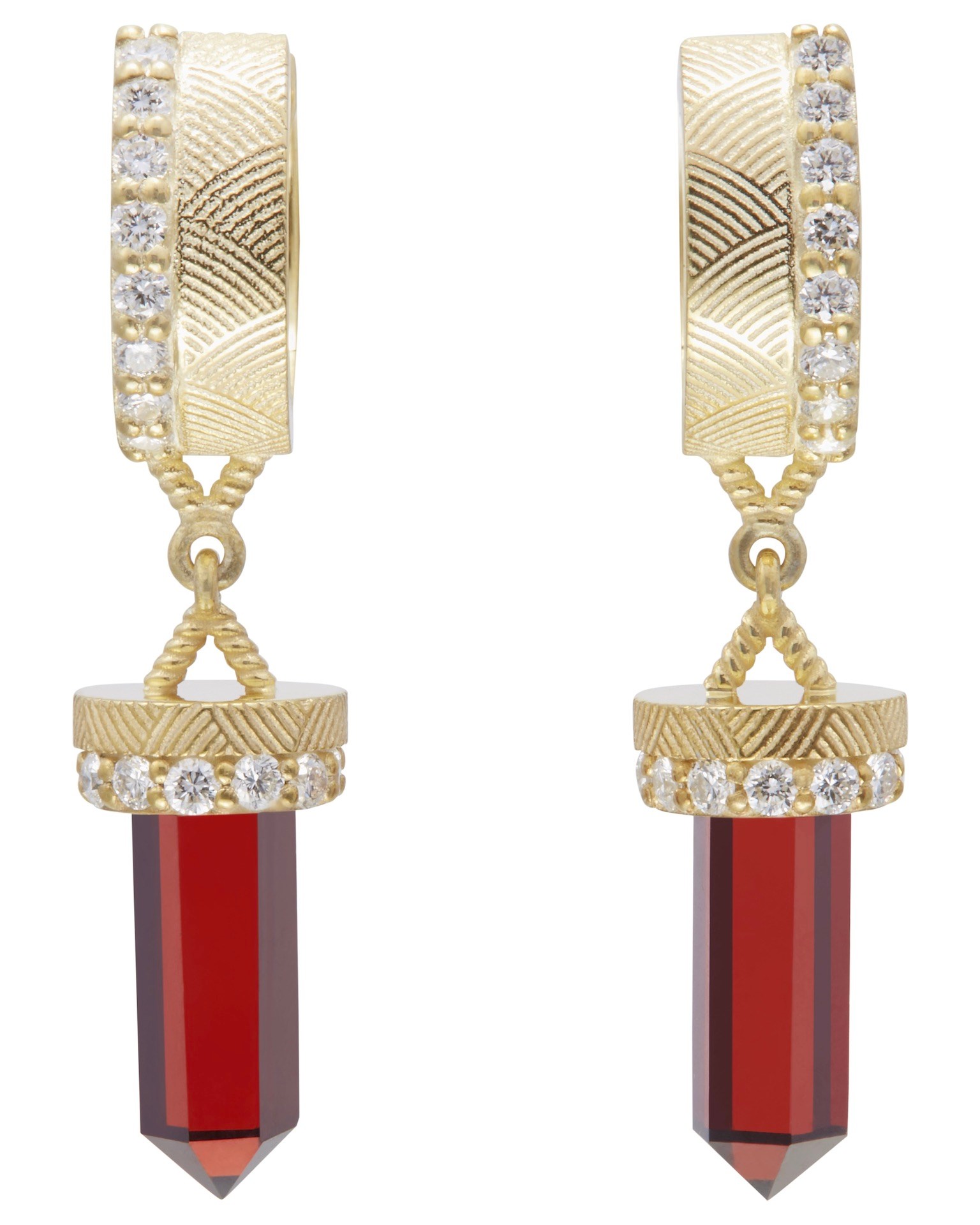 Garnet, Diamond, and Gold Huggie Earrings from the Nova Collection (Courtesy of House of Harlow)