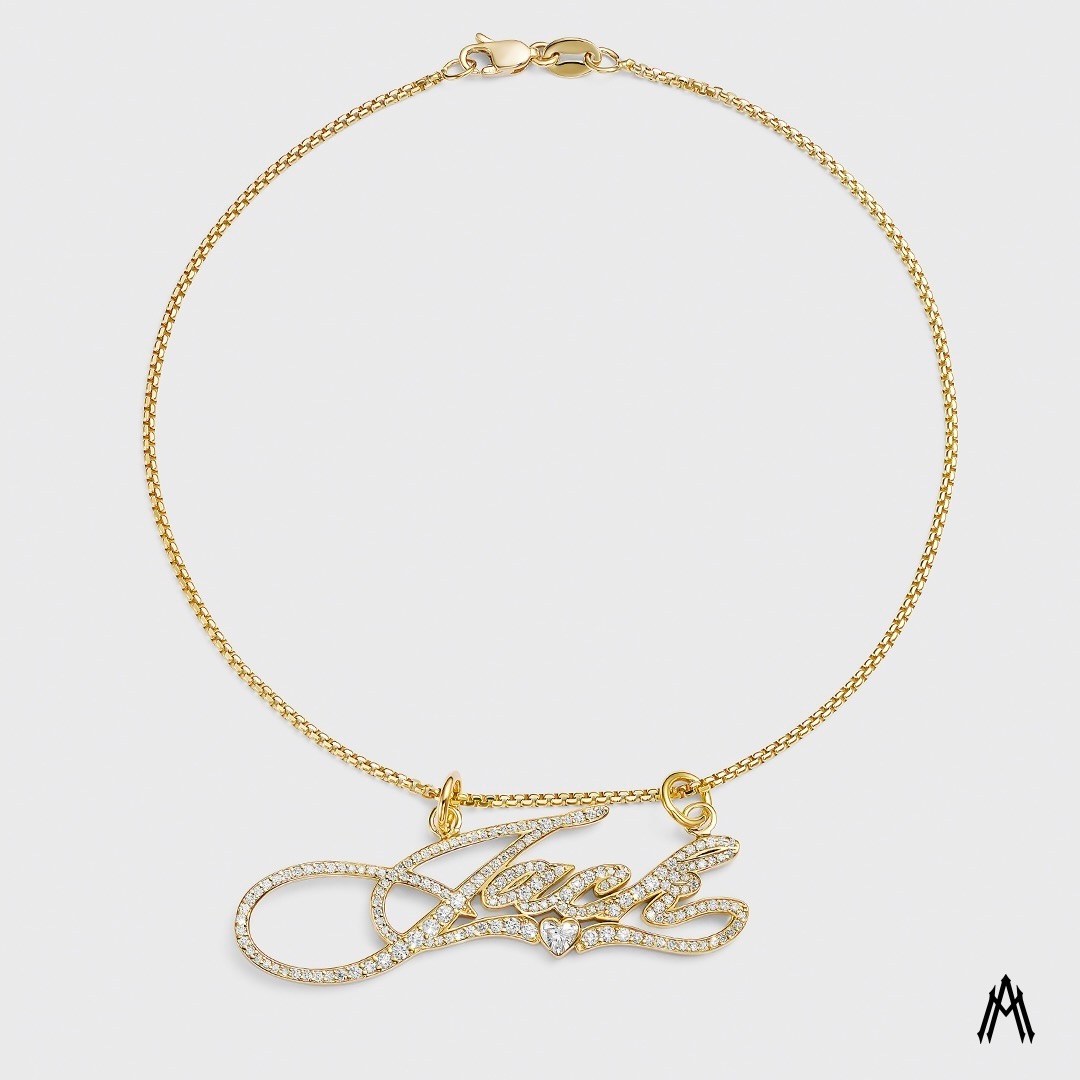 Hailey Bieber's diamond "Jack" nameplate anklet by Alex Moss.