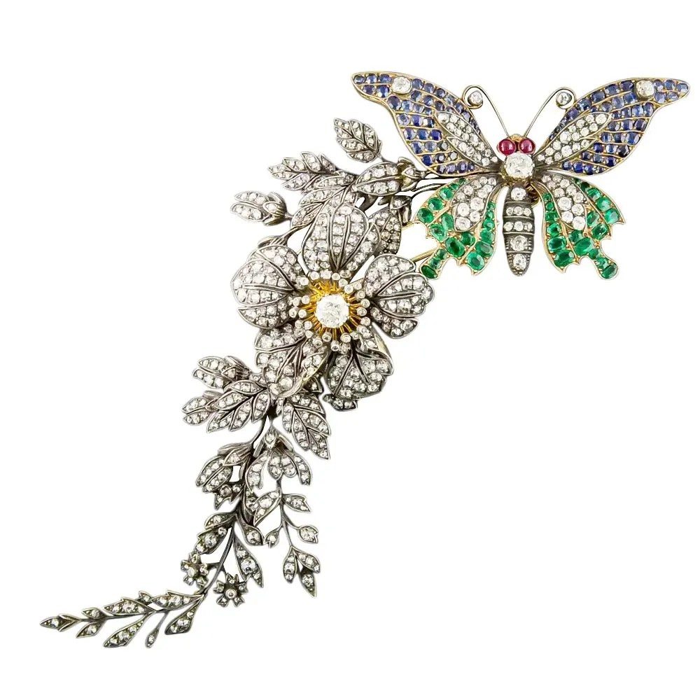 Victorian En Tremblant Butterfly and Flower Brooch