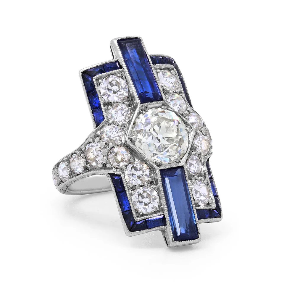 Chunky rings: art deco diamond and sapphire ring