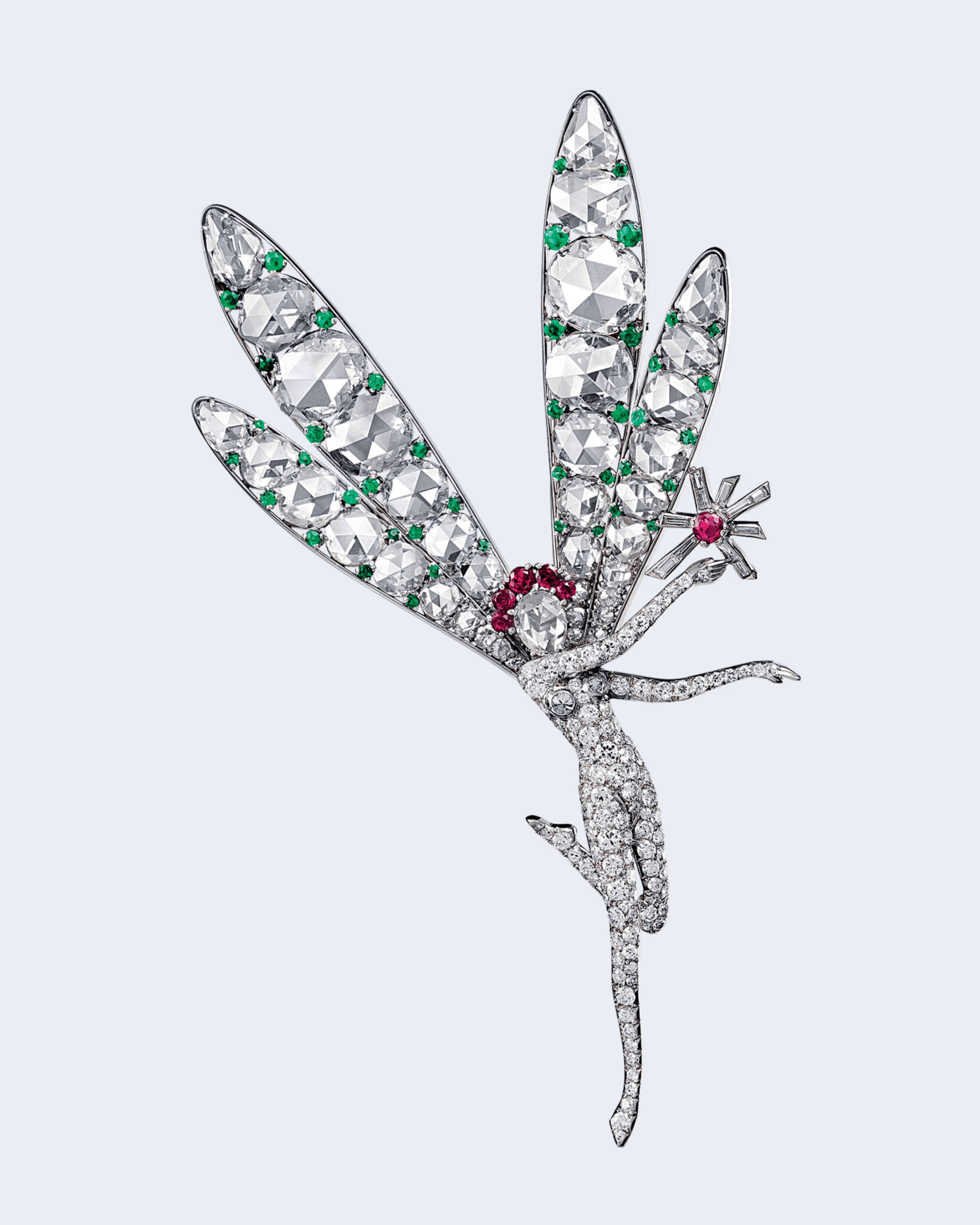 Van Cleef & Arpels platinum, diamond, emerald and ruby  "Winged Fairy" clip, owned by Barbara Hutton (Courtesy of Van Cleef & Arpels)
