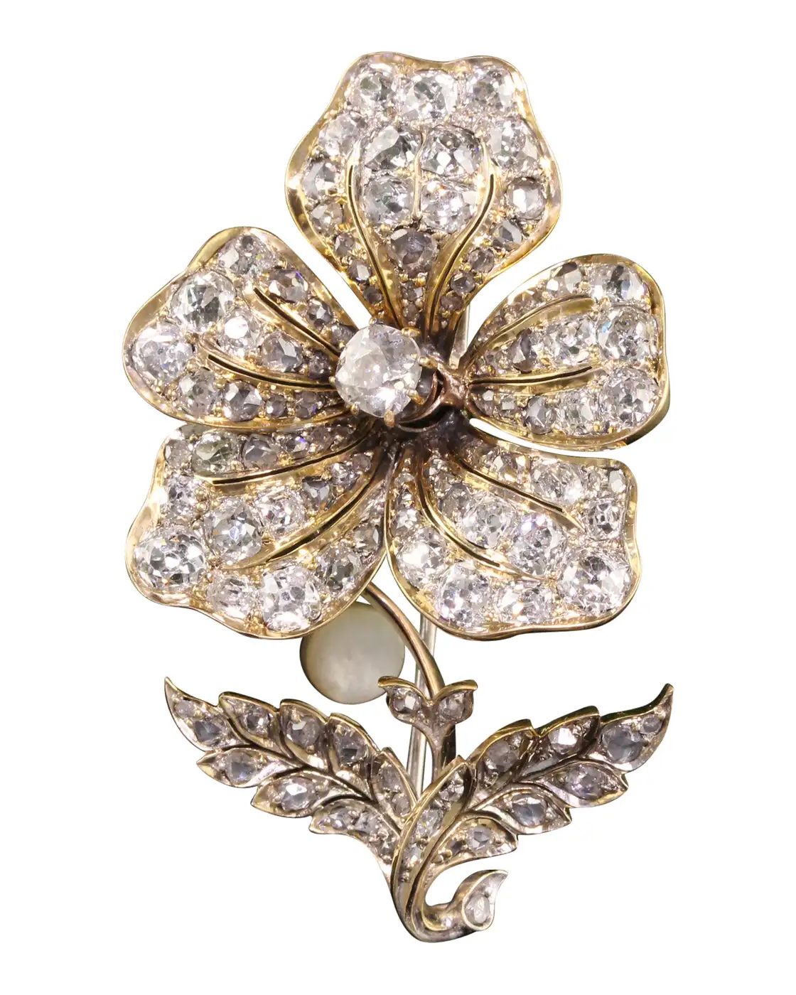 Antique Victorian 18k Yellow Gold Old Mine Diamond En Tremblant Flower Pin