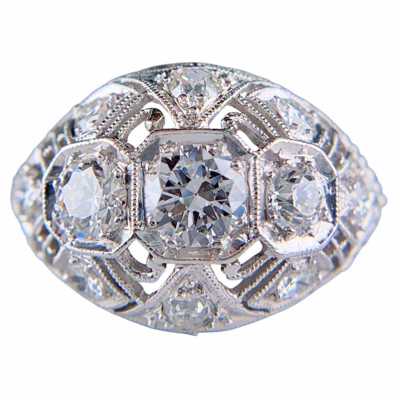 Chunky Rings: Antique 1925 Art Deco Old European Cut Diamond Bombe Ring Platinum $4,500