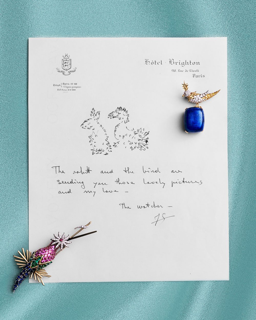 Bunny Mellon jewelry: Bird on a Rock (Brooch), 1965, Lapis lazuli, colored and white diamonds, ruby, 18-karat gold, platinum