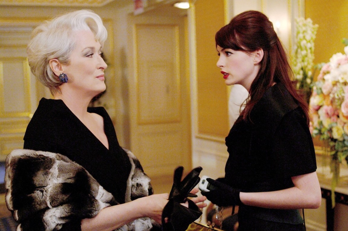 Meryl Streep as Miranda Priestly, wears vintage Cartier earrings from Fred Leighton in The Devil Wears Prada.