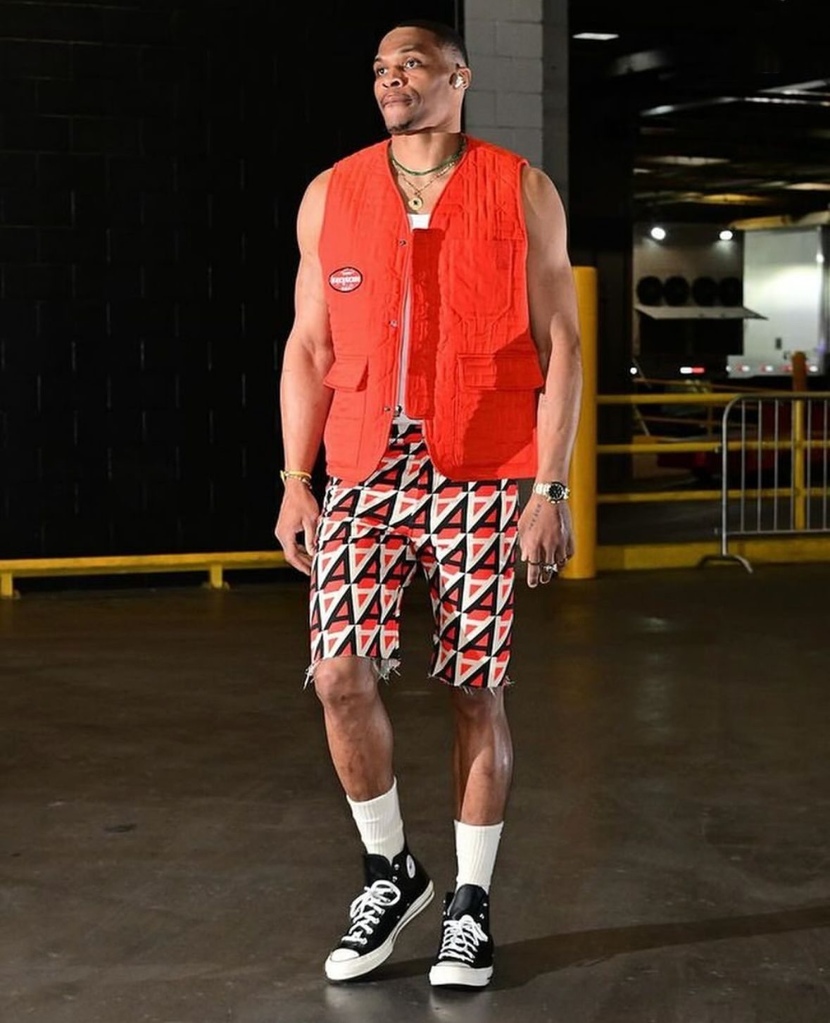 Russell Westbrook wearing Greek Pattern & Emerald Large Coin and Rich Emerald Bead Necklace by Azlee
