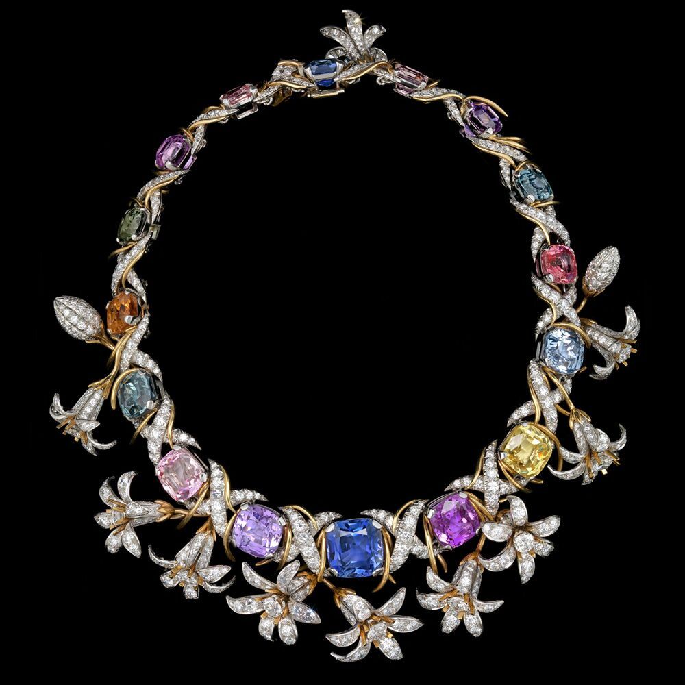 The Jasmine Necklace (1962). Designed by Jean Schlumberger for Bunny Mellon and crafted from 16,000 Kashmir sapphires collected by Tiffany & Co. over 20–30 years. (Collection of the Virginia Museum of Fine Art/ Estate of Bunny Mellon. Oak Spring Garden Foundation, Upperville, VA)