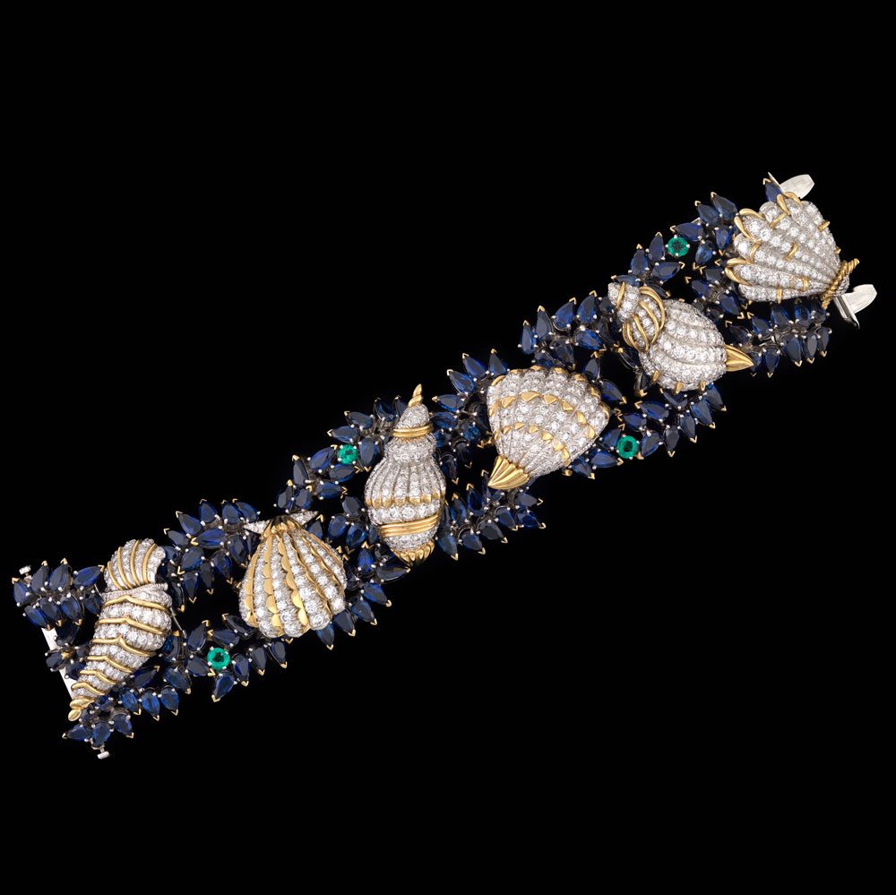 Bunny Mellon's jewelry: Jean Schlumberger (French, 1907–1987) Shells, 1958, Platinum,18 karat gold, diamond, sapphire and emeralds