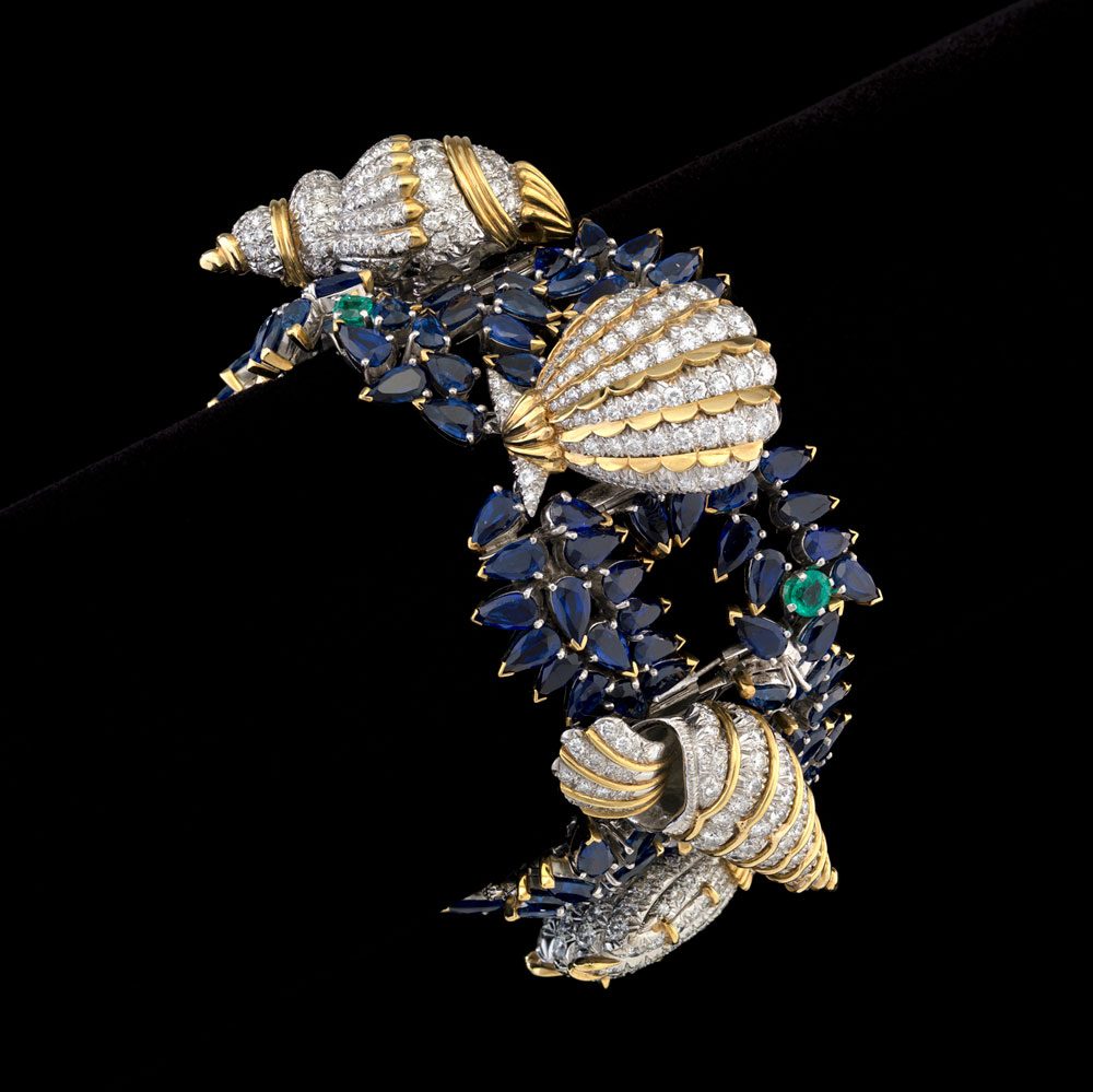 Bunny Mellon's jewelry: Jean Schlumberger (French, 1907–1987) Shells, 1958, Platinum,18 karat gold, diamond, sapphire and emeralds