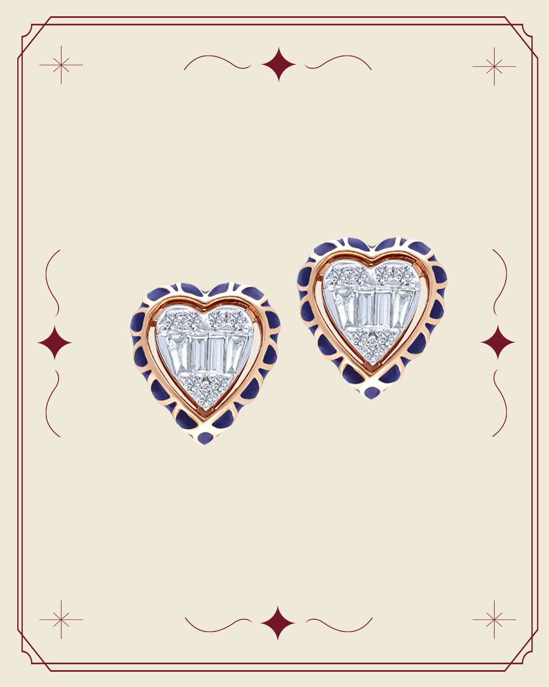 Heart-shaped diamond stud earrings with navy blue enamel detailing and gold setting.