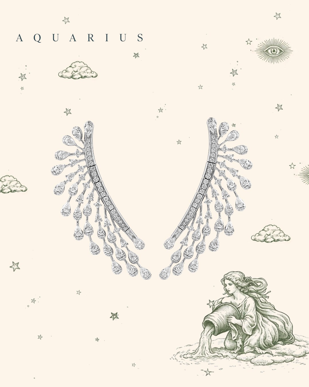 Diamond Ear Climbers for Aquarius zodiac sign