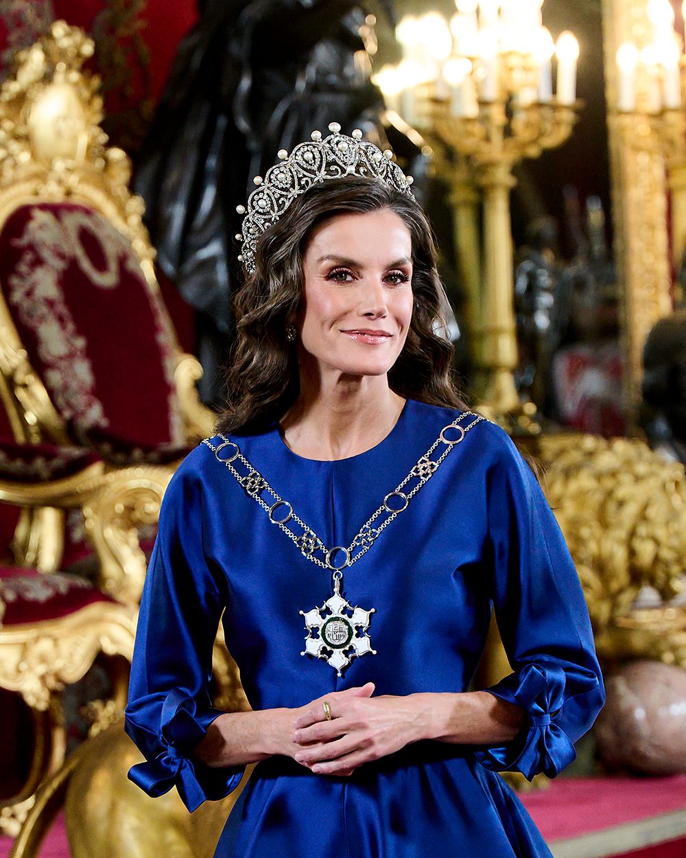 Queen Letizia of Spain hosts a dinner gala for Oman's Sultan His Majesty Haitham Bin Tariq at the Royal Palace on November 04, 2025 in Madrid, Spain. (Photo by Carlos Alvarez/Getty Images)