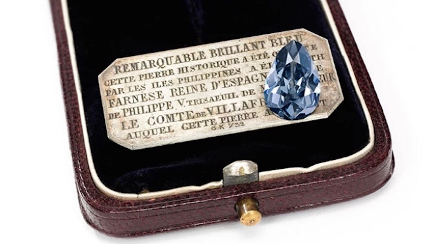 The Farnese Blue Diamond - a historic 6.16-carat pear-shaped Fancy Dark Grey-Blue Diamond (Courtesy of Sotheby's Auction House)