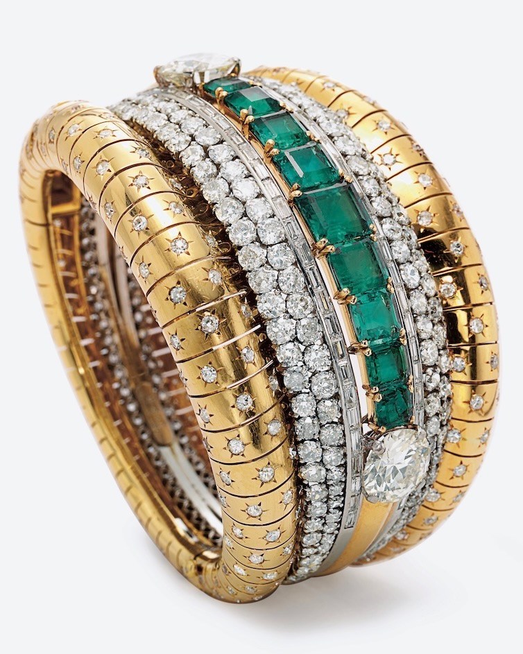 Claibourne Poindexter, Head of Christie’s Jewelry - Emerald, diamond, and gold cuff bracelet by Van Cleef & Arpels from the collection Ellen Barkin