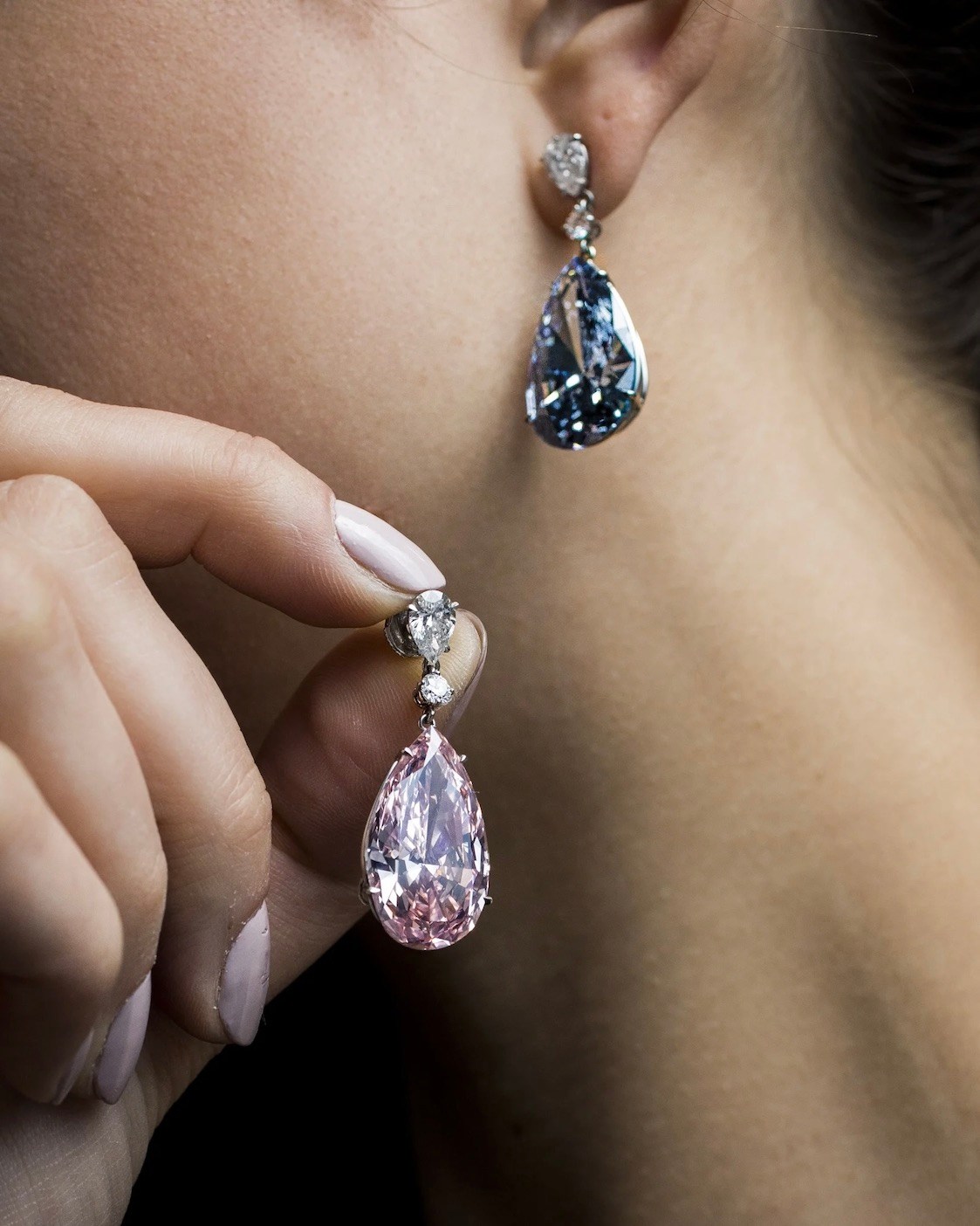 The Apollo and Artemis Diamonds, the most valuable earrings ever to appear at auction, were unveiled at Sotheby's on April 10, 2017, in London, England. 