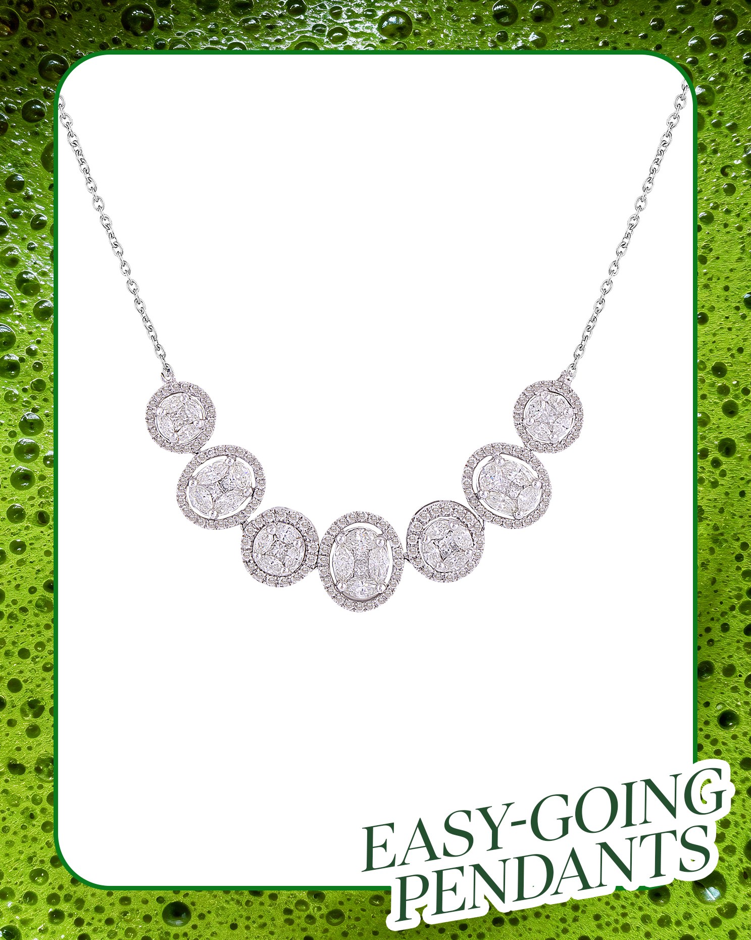 Silver diamond necklace with round pendant accents.