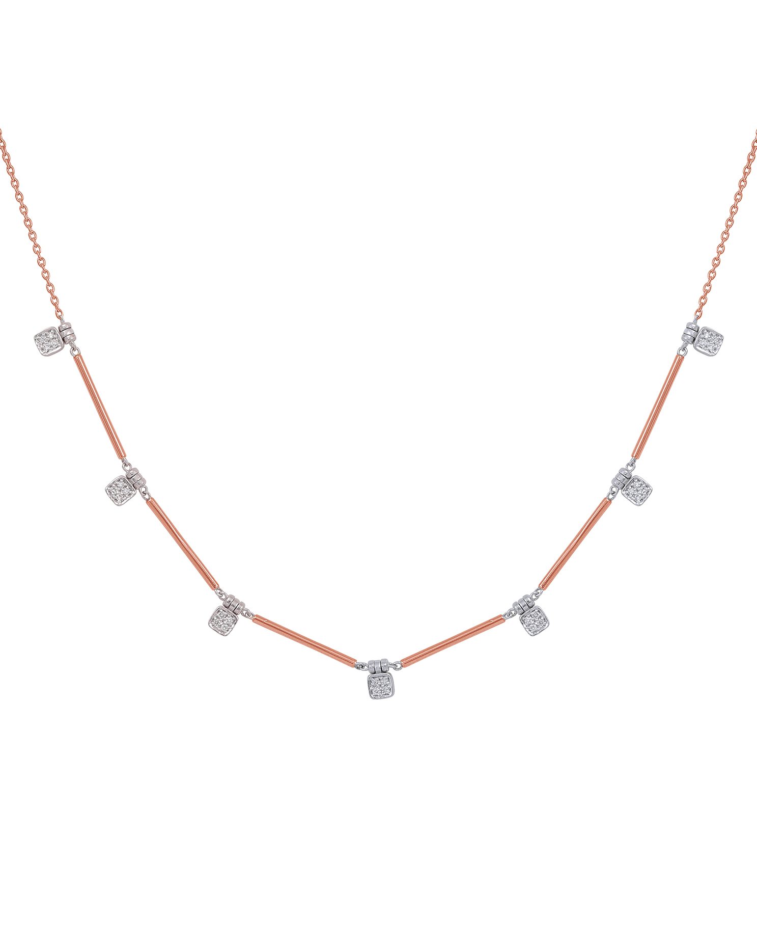 Rose gold diamond necklace with minimal bezel-set drops.