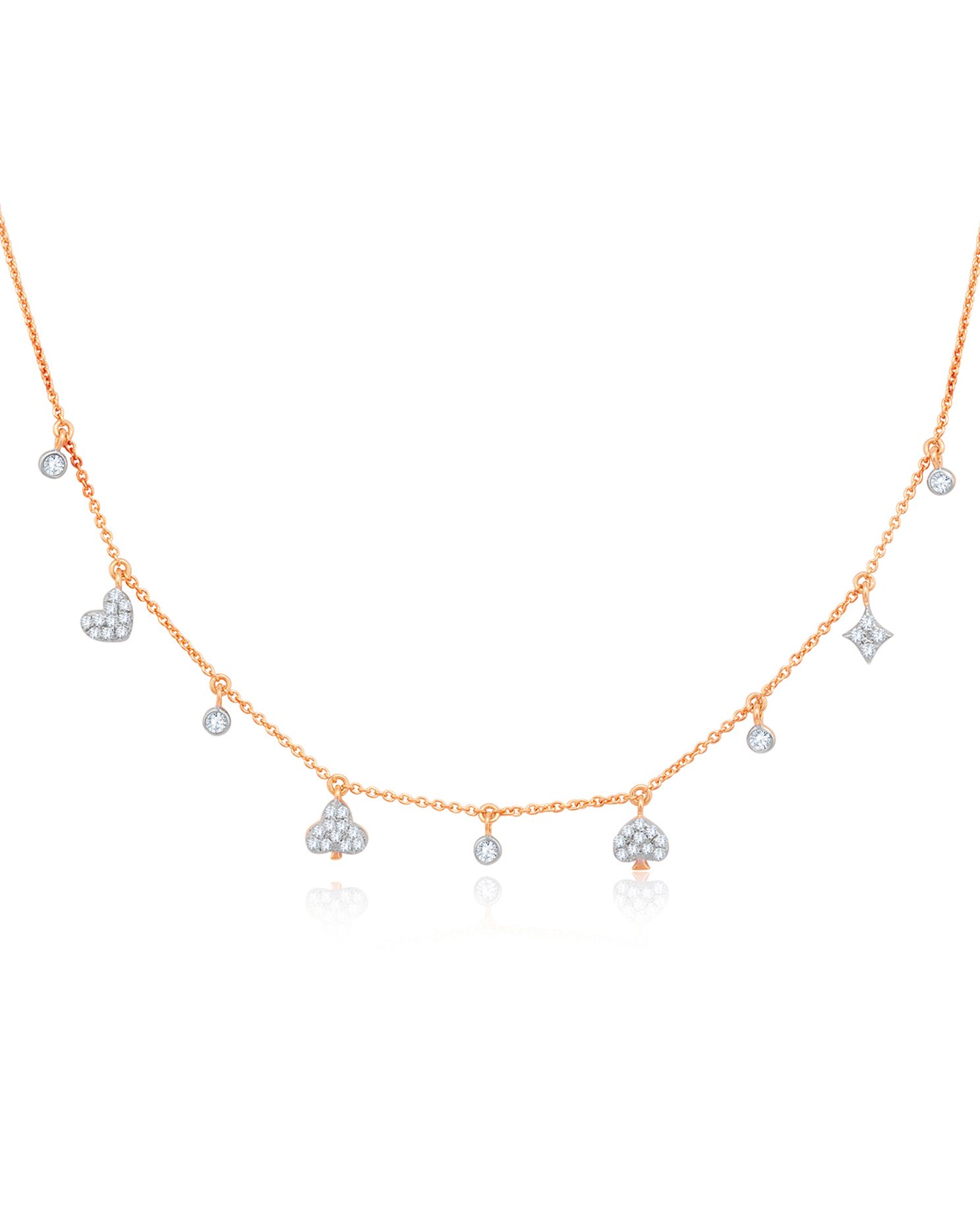 Rose gold diamond necklace with multiple dangling diamond charms.
