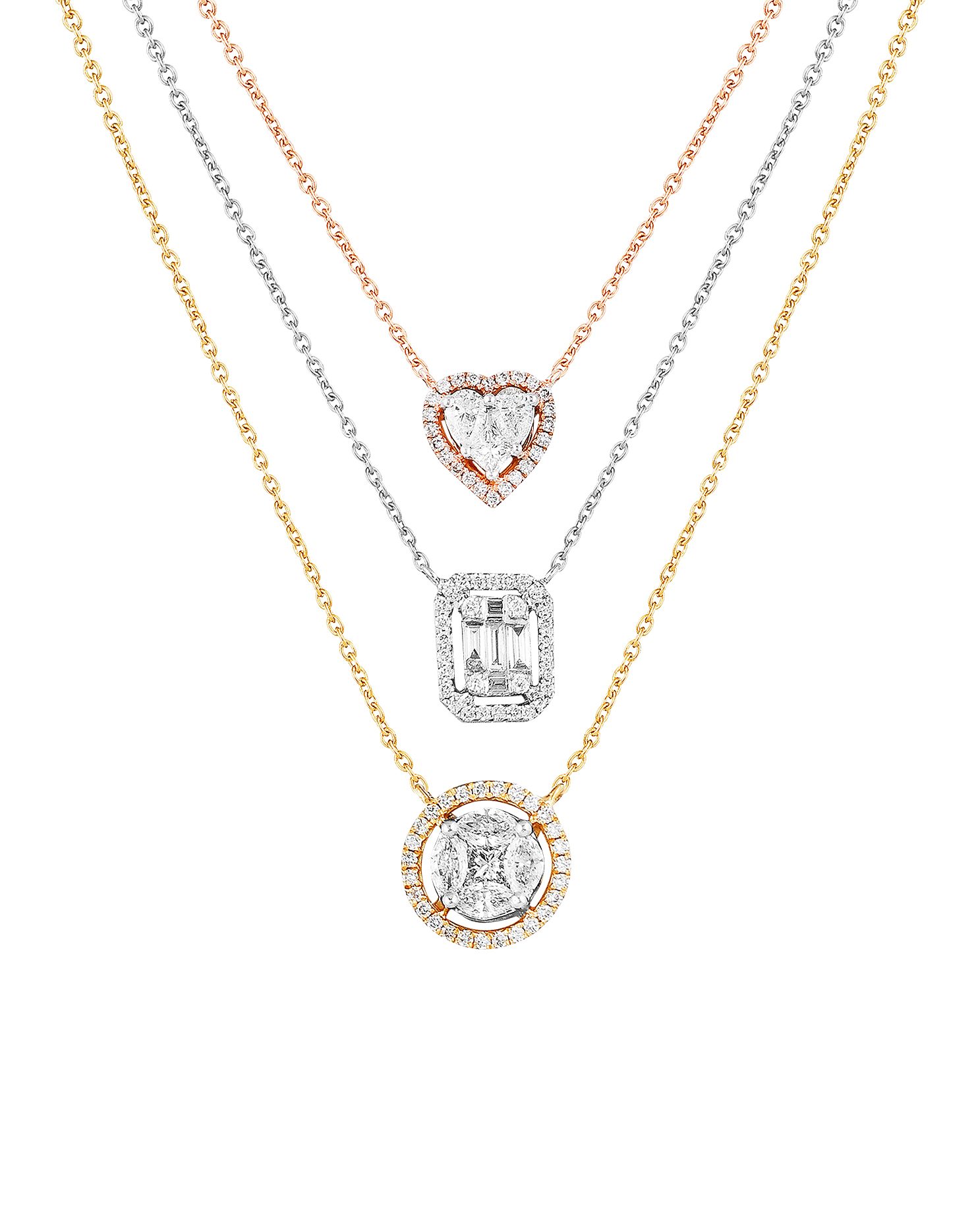 Three-layer diamond necklace with mixed pendant shapes