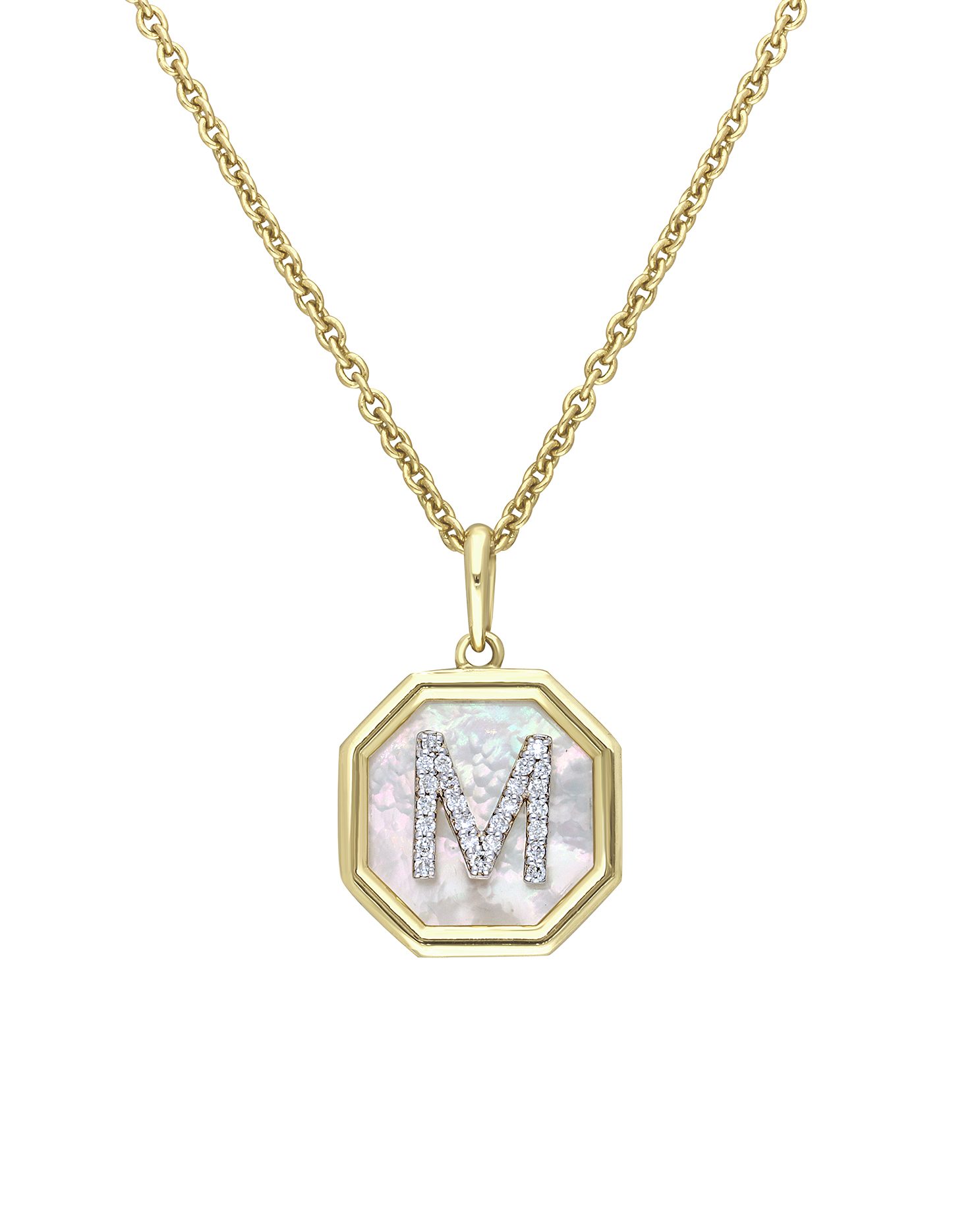 Gold M pendant alphabet jewellery necklace.