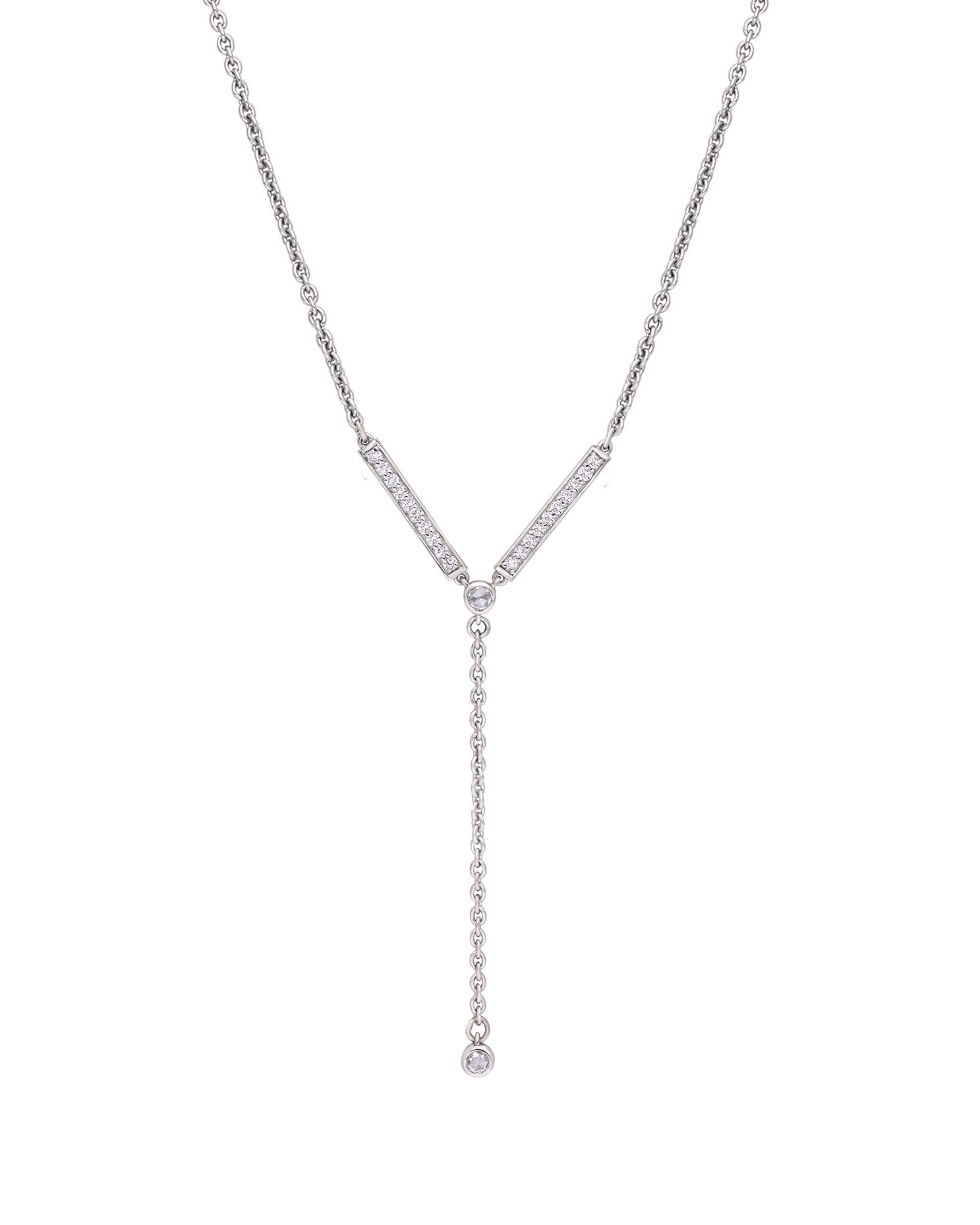 White gold lariat diamond necklace with sleek diamond drop
