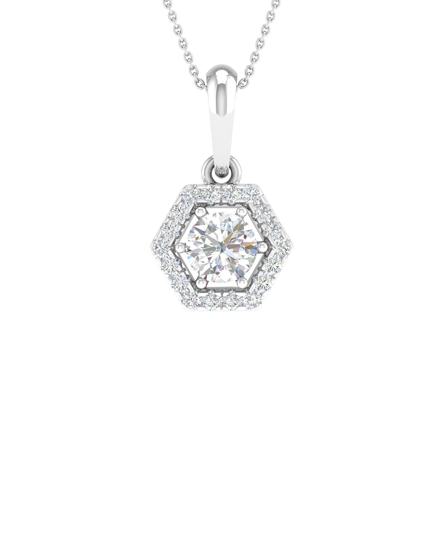 Hexagon pendant diamond necklace in white gold.