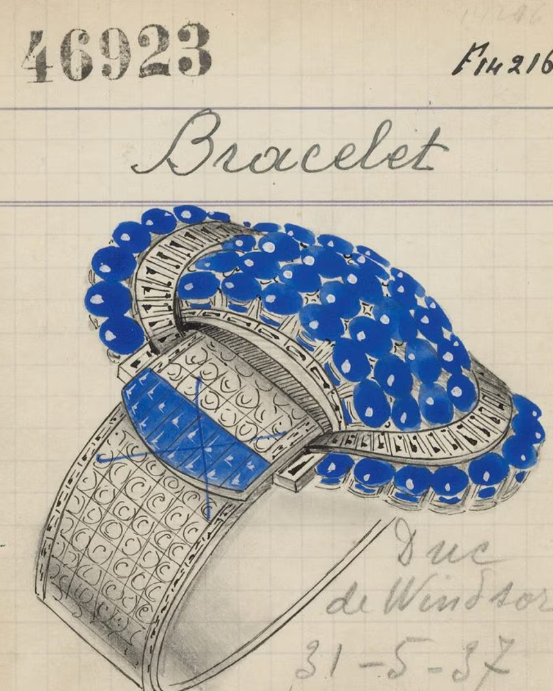 Product card of a Jarretière bracelet that belonged to Wallis Simpson, the Duchess of Windsor, 1937, Van Cleef & Arpels Archives.
