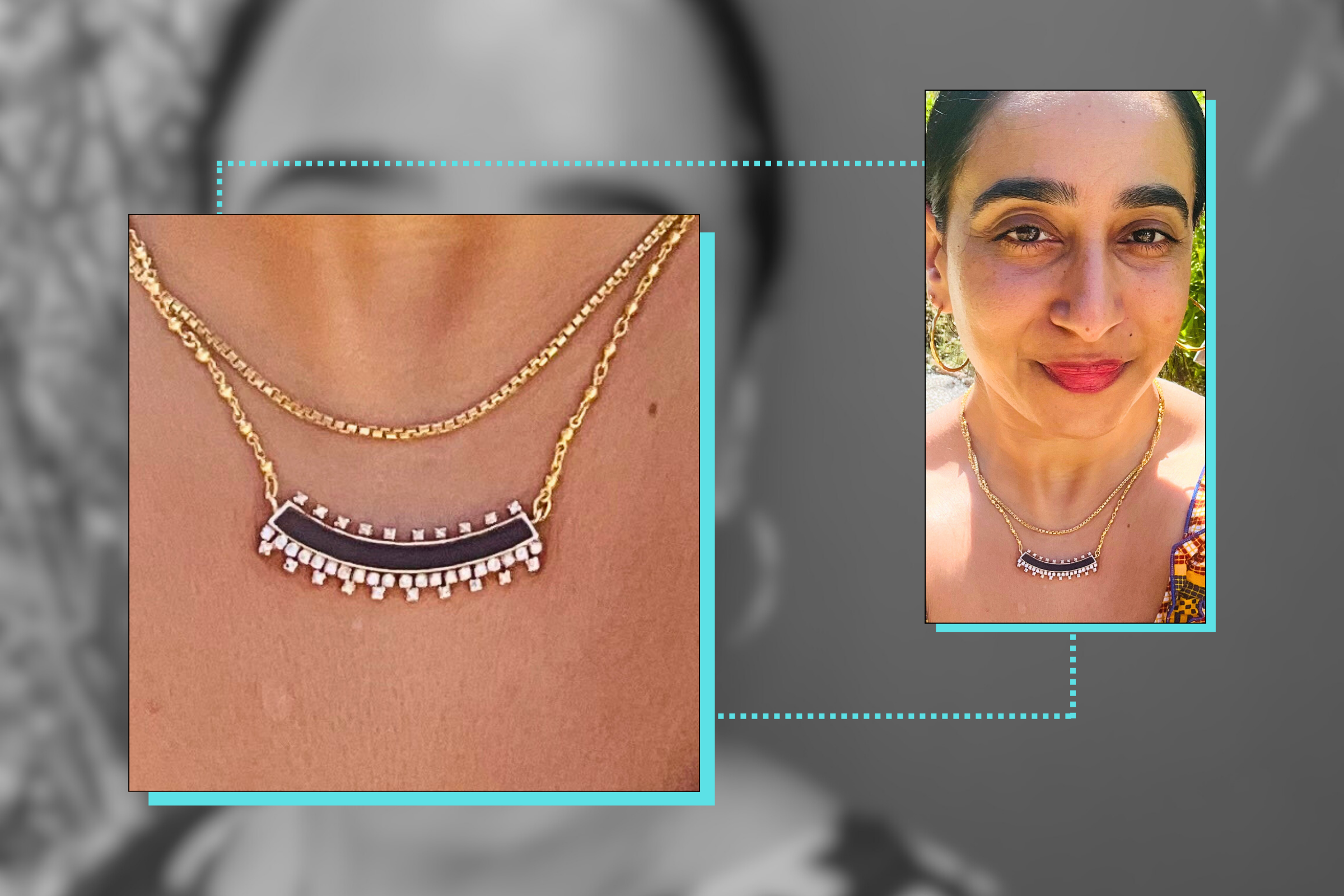 Gold necklace featuring a black curved pendant with dangling diamonds.