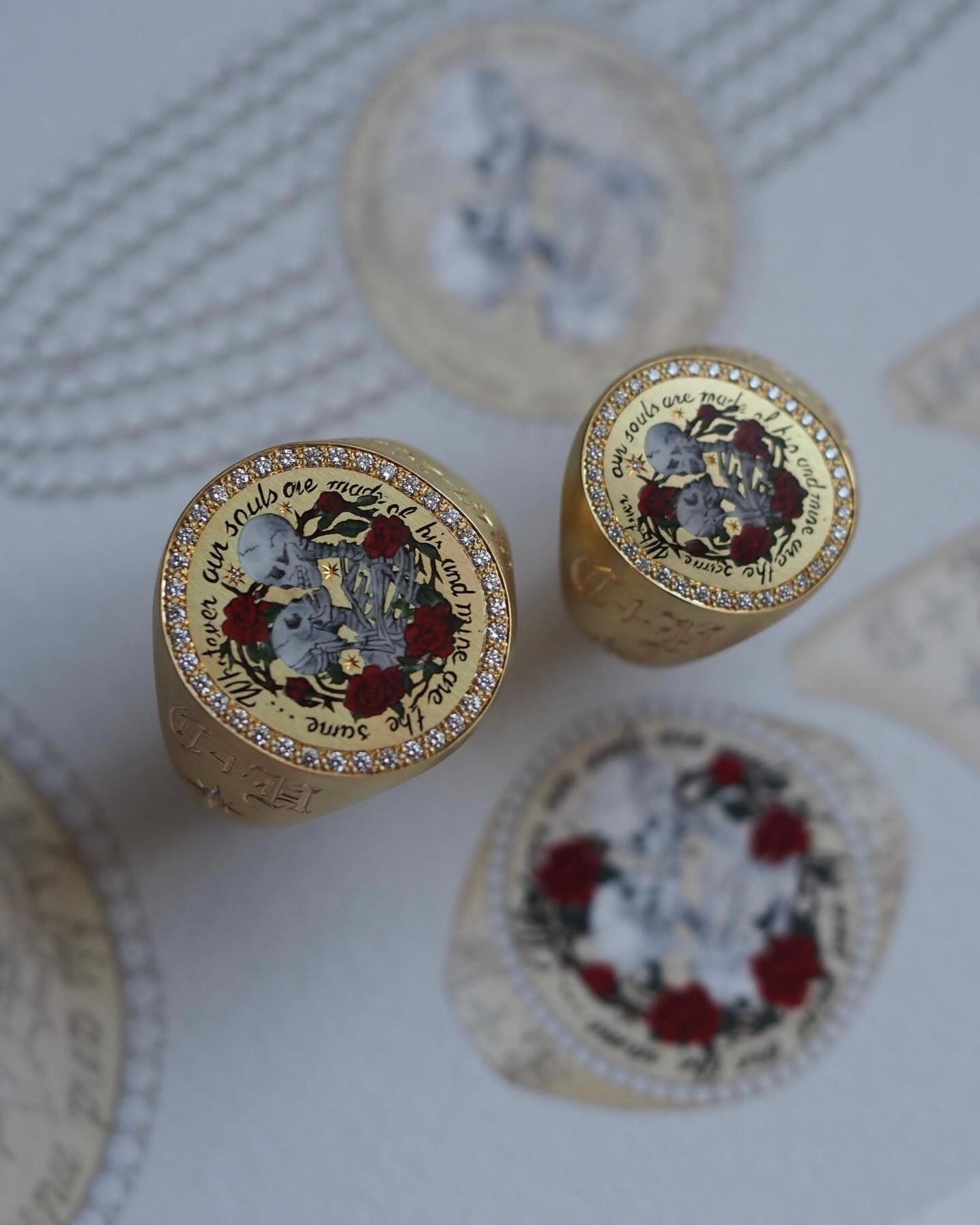 Cece Jewellery created custom Wuthtering Heights inspired Champlevé enamel and diamond signet rings for Margot Robbie and Jacob Elordi.
