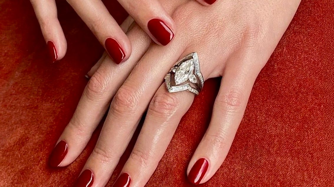 Bespoke Party Ring Jacket as seen with a marquise-cut diamond engagement ring (Courtesy of Stephen Webster)