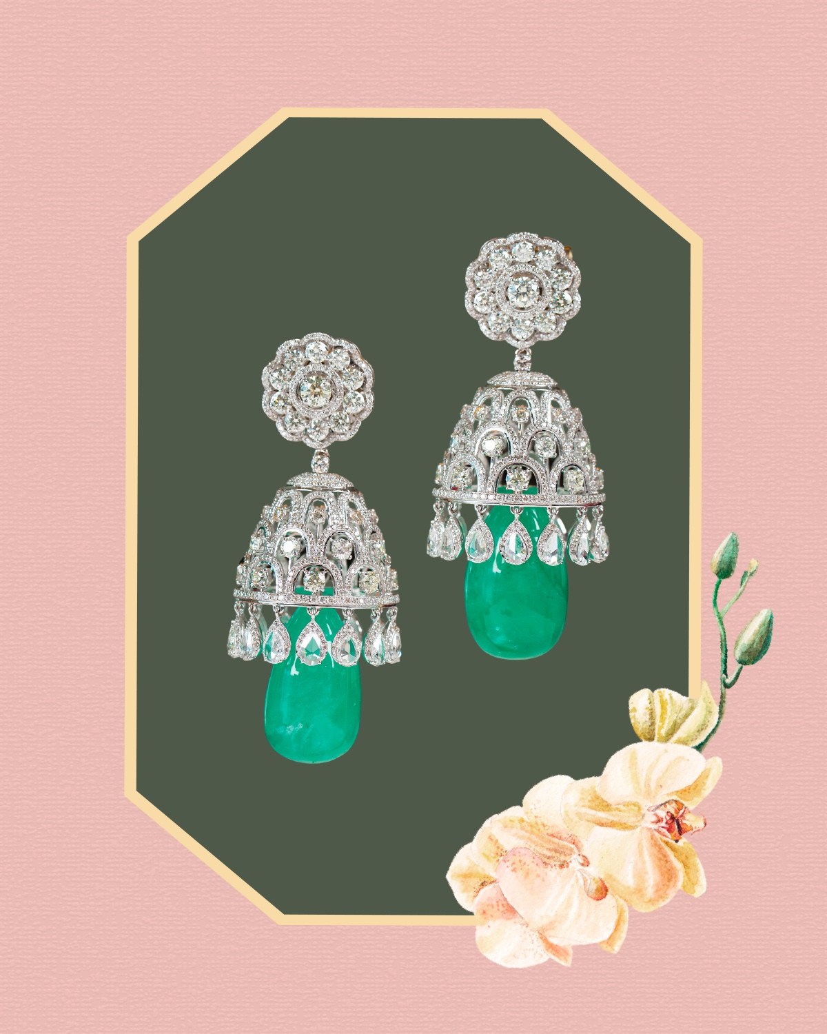 Floral jhumka earrings with green gemstone drops.