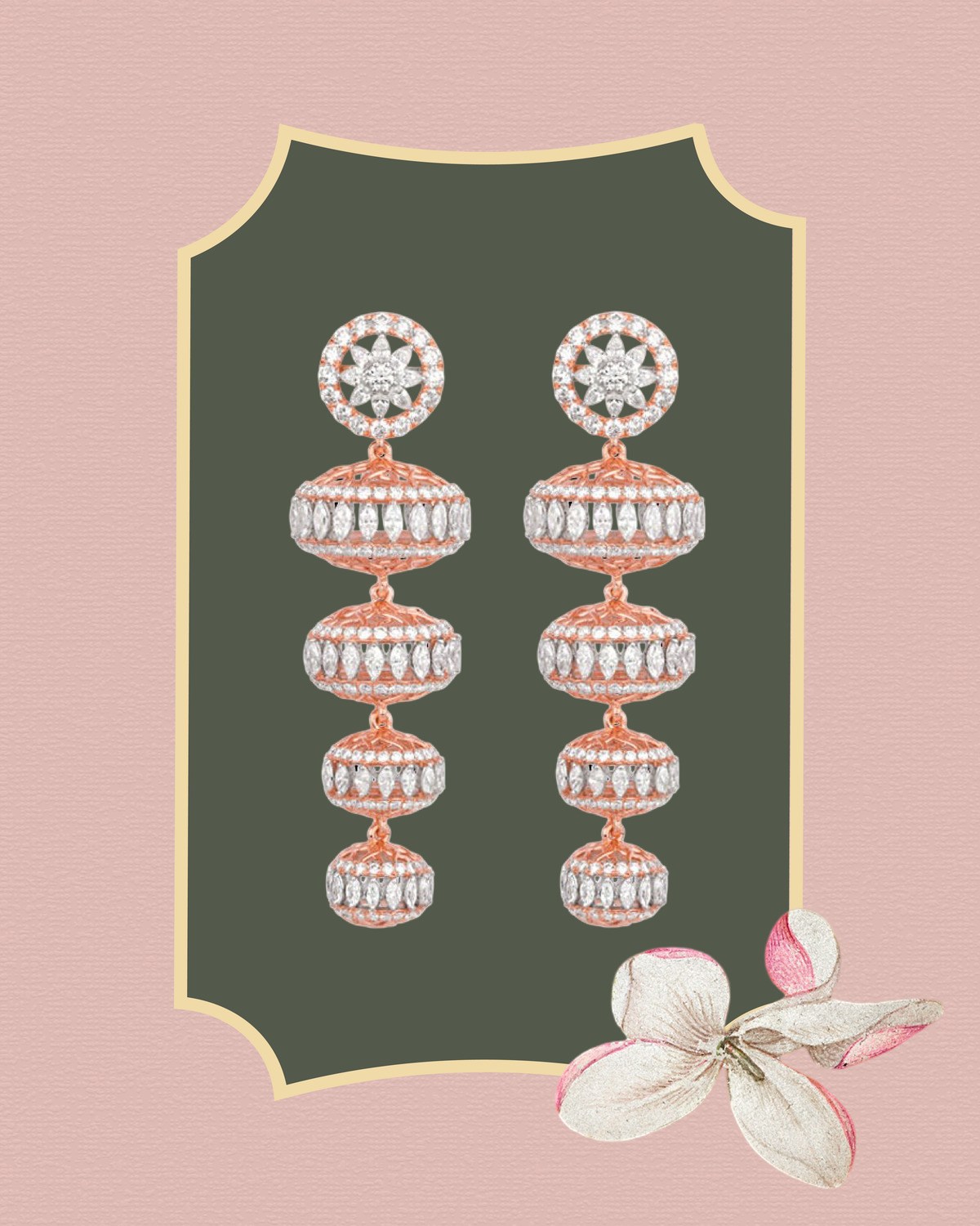 Rose gold and diamond drop jhumka earrings