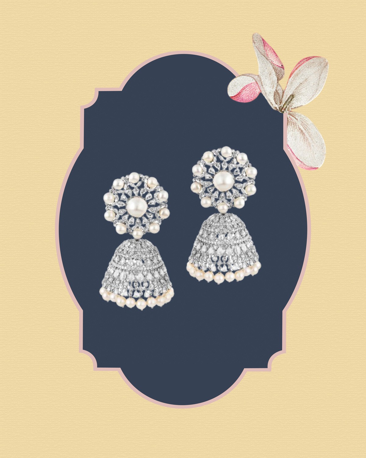 Pearl jhumka earrings with diamonds and pearl accents