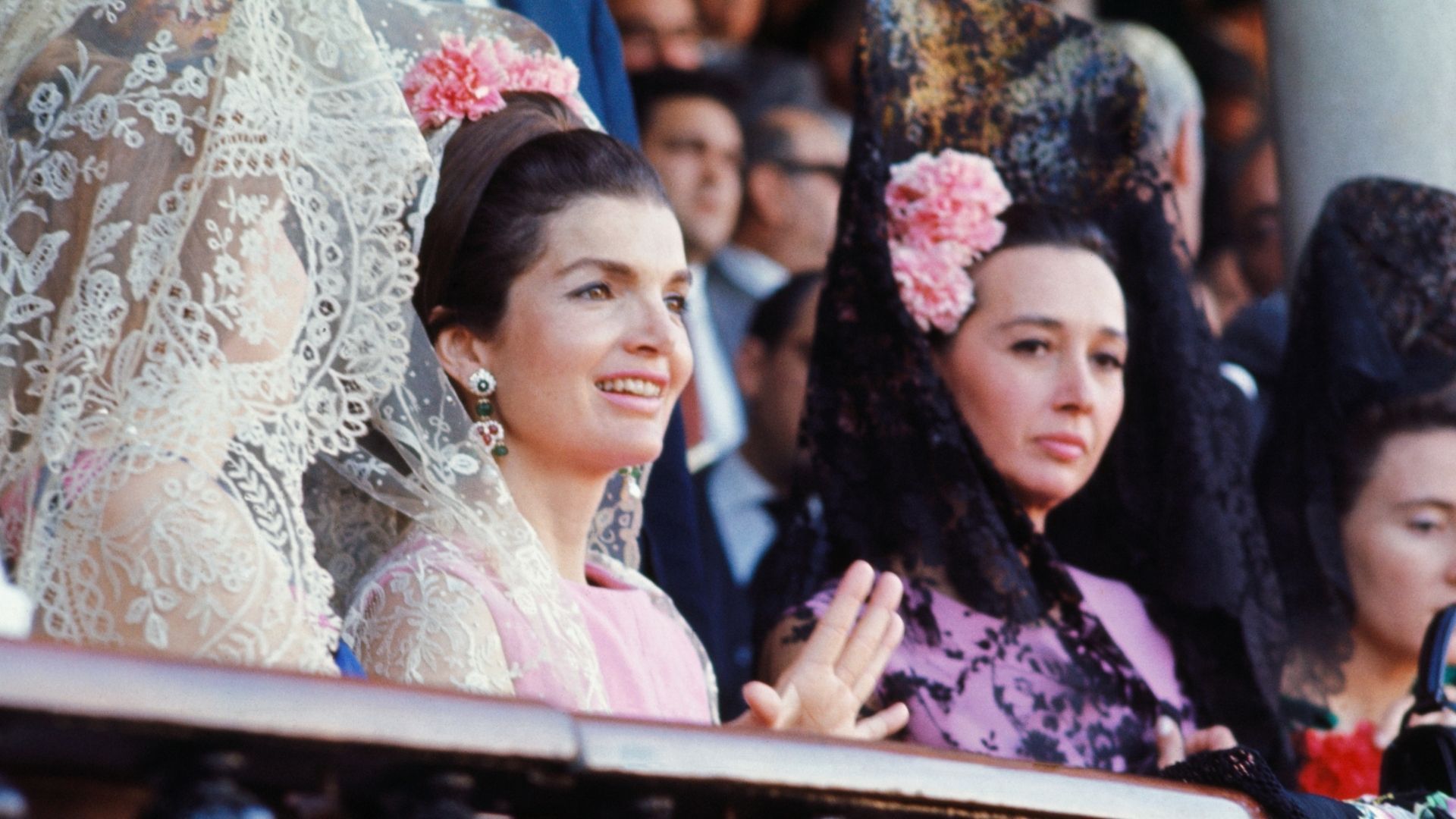 Jackie Kennedy Onassis and her hostess, the Duchess of Alba, wearing Mantillas of White Lace, Attended the Seville bullfights April 21. (Getty Images)